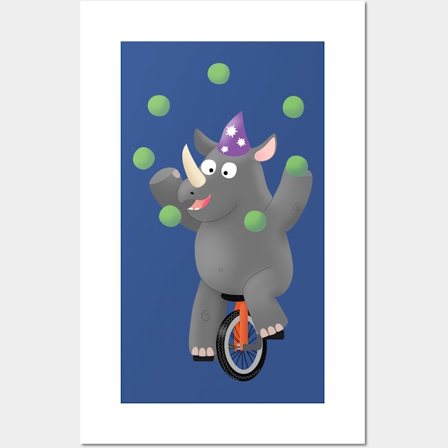 Funny cute rhino juggling on unicycle Wall Art by FrogFactory